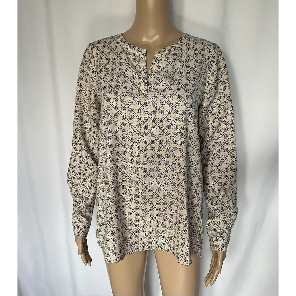 Pleione Womens  Cream Black Geometric  Blouse Top sz S V-Neck Long‎ Sleeve
